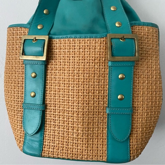 Kate Landry straw and teal leather tote bag - Picture 5 of 9